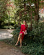 Vestido Carmen Rojo Invitada Manga Larga con Plumas Midi Invitada Eventos Fiesta Sentada